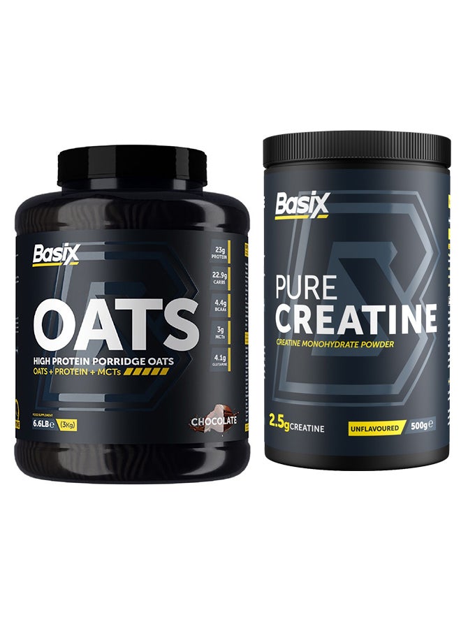 Basix Exclusive Bunde Offer - Oats Chocolate 3Kg and Pure Creatine Unflavored 500 Gm - Image 1